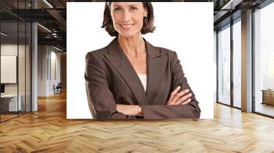 Portrait, business woman and happy with arms crossed in isolated on transparent, png background. Face, boss and mature female ceo, professional or executive from Australia with confidence and smile Wall mural