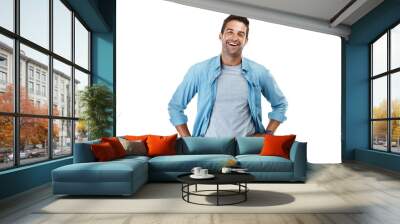 Portrait, smile and man with casual outfit, funny and model isolated on a transparent background. Male person, Canada and guy with happiness, laughing and cheerful with png, joyful and fashion Wall mural