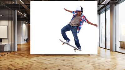 Skateboard, black boy and kid with a jump trick and urban streetwear fashion on isolated, transparent or png background. African child, skateboarding and skater with energy or skill for skating stunt Wall mural