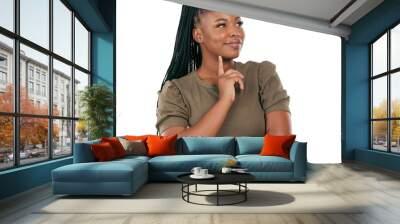 Thinking, confused and question with face of black woman on png for planning, idea and inspiration. Dreaming, brainstorming and decision with person isolated on transparent background for solution Wall mural