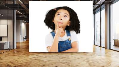 Thinking, decision and isolated child planning on a transparent png background. Doubt, youth and questions for a confused girl kid with dream solution, memory and ideas for future problem solving Wall mural