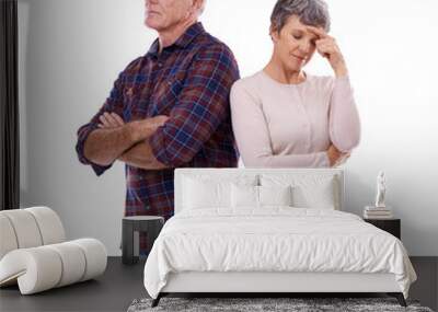 Ignore, senior couple and divorce, conflict or fight isolated on a transparent png background. Elderly, arms crossed and man and woman with stress in marriage crisis, angry and fail in relationship Wall mural