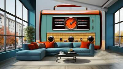 Retro Turquoise Radio with Bright Orange Dials on a White Background Wall mural