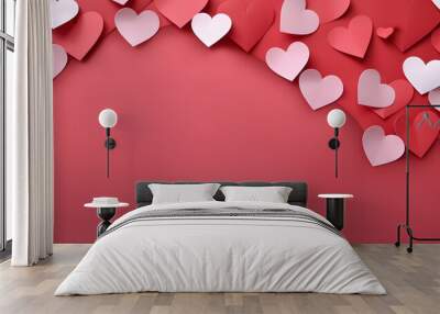 romantic red background with floating hearts Wall mural