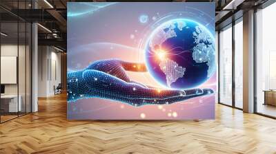 Hand holding glowing world globe Ai art / Global network & Virtual digital technology concept on copy space blue background/ Global network & Virtual digital technology copy space blue background Wall mural