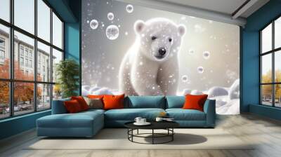 Cute baby polar bear in snow winter, generative ai Wall mural