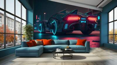 Sports cyberpunk futuristic car on a neon cyberpunk background in the style of the 80s	 Wall mural