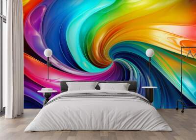 3d abstract wallpaper. Liquid metal rainbow waves banner. Three dimensional rainbow colored swirls background Wall mural