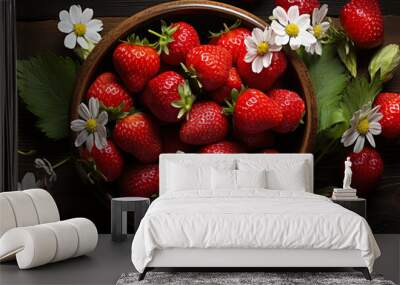 Strawberry banner. Bowl full of strawberries. Close-up food photography background Wall mural