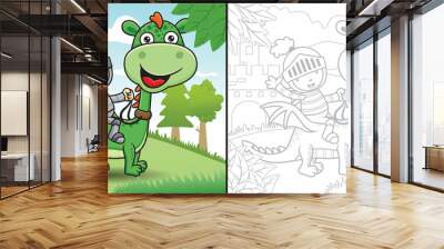 Cartoon of knight riding dragon on castle background. Coloring book or page Wall mural