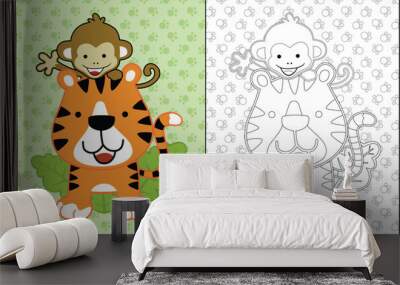 coloring book or page with funny animals cartoon, tiger and monkey. Wall mural