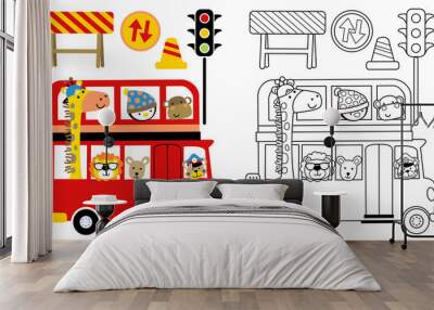 cute animals cartoon on red bus with traffic signs, coloring book or page Wall mural