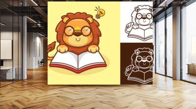 Cute lion reading a book use eyeglasses with lightbulb on its head. Vector cartoon illustration in flat icon style Wall mural