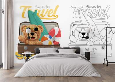 Hand drawn vector illustration of teddy bear on suitcase with tourism equipment Wall mural