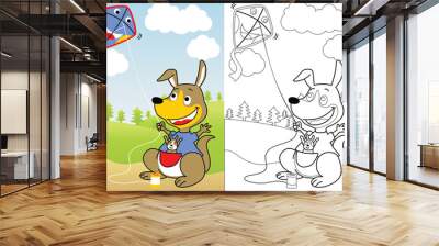 Kangaroo playing kite on landscape background, vector cartoon, coloring book or page Wall mural