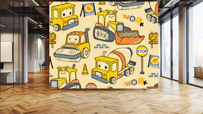 seamless pattern vector of construction vehicles cartoon with construction signs Wall mural