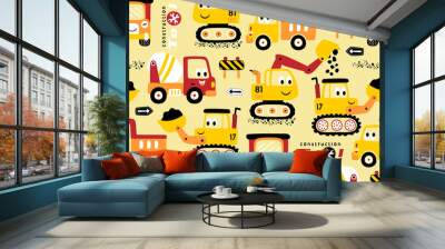 Seamless pattern vector with funny construction vehicles Wall mural