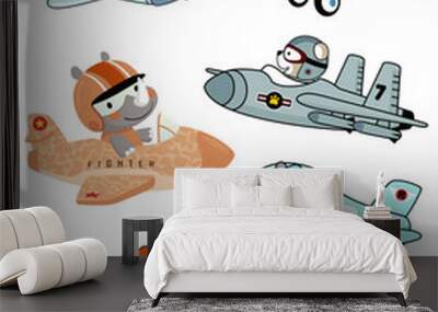 set of airplanes cartoon with funny animals pilot Wall mural