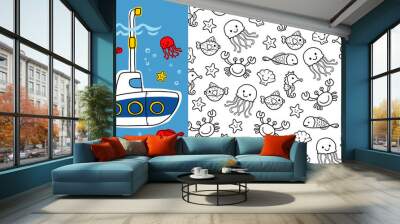 Submarine cartoon with marine animals seamless pattern vector Wall mural