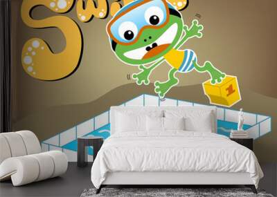 Swimming time with funny frog cartoon, vector cartoon illustration Wall mural