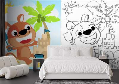 vector cartoon of cute puppy build a sand castle in beach at summer holiday, coloring book or page Wall mural