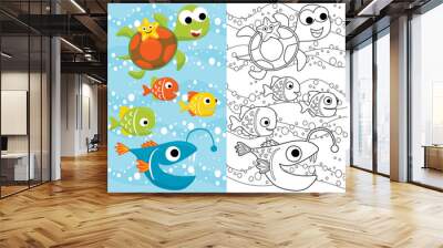 Vector cartoon of marine animals, starfish on turtle's back with colorful fishes underwater. Coloring book or page for kids Wall mural