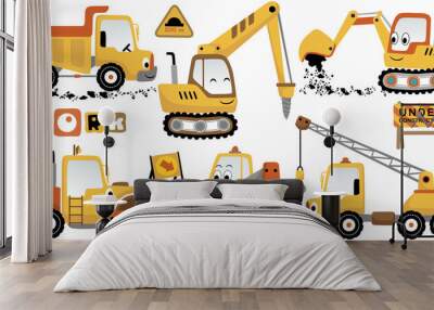 vector cartoon set of funny construction vehicles Wall mural