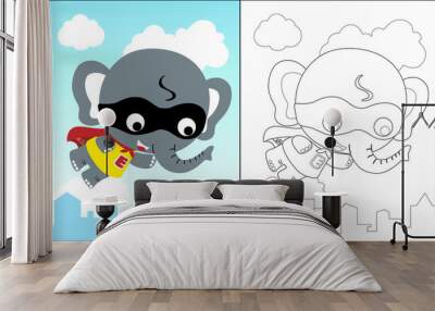 Vector illustration of coloring book with little elephant cartoon the funny super hero Wall mural