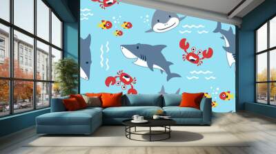 vector seamless pattern with marine animals cartoon, shark, crab, fish Wall mural