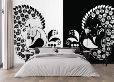 Beautiful peacock with flowers decorated feathers isolated on black and white background  Wall mural