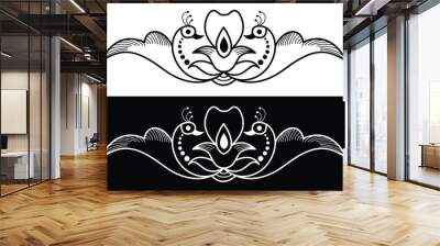 border design concept of two peacocks facing each other with flowers and leaves is in black and white background  Wall mural