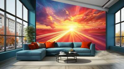 A dynamic scene depicting a highway extending towards a bright  colorful sunset with a dramatic light burst effect  emphasizing speed and futuristic travel. Wall mural