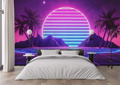 A miami vice theme banner with soft neon pink, teal and black gradient colors, in the style of 80s. retro --chaos 50 --ar 16:9 --style raw --stylize 50 Job ID: 949f8973-489a-4015-b875-d8ebb130d402 Wall mural