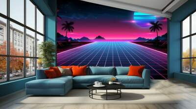 A miami vice theme banner with soft neon pink, teal and black gradient colors, in the style of 80s. retro Wall mural