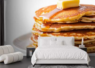 A stack of fluffy holiday pancakes with butter and syrup, watercolor. isolated on white background ready to bring joy to any space , cartoon drawing, water color style Wall mural