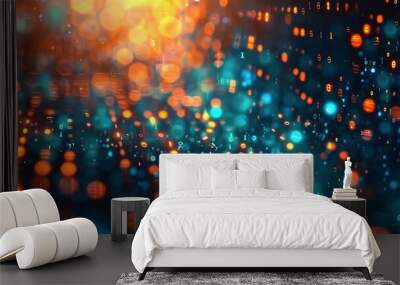 Abstract digital background with orange and blue bokeh lights on binary code theme. Wall mural