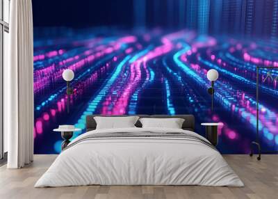 Abstract Neon Lines and Grid - Futuristic Technology Background Wall mural