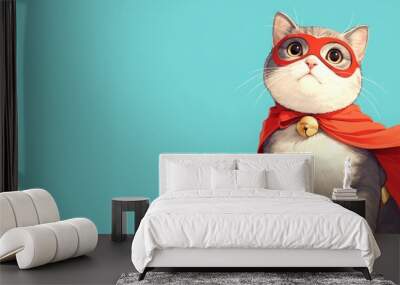 Adorable cat in red superhero cape and mask on light blue background, space for text Wall mural