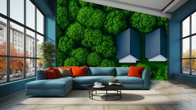 Aerial View of Two Houses Nestled in a Lush Green Forest - Perfect for Real Estate and Nature Themes Wall mural