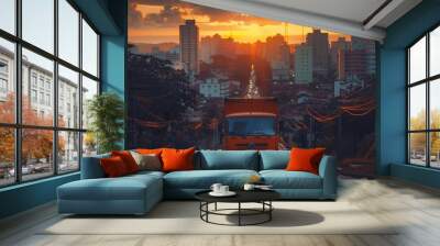 An orange cargo truck with its back to the screen, on a city background in southern Brazil Wall mural