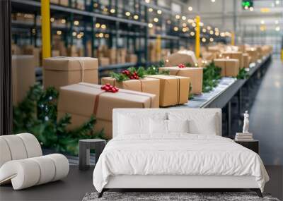 Automated logistics center conveyor belt with christmas packages symbolizing holiday shipping efficiency. Wall mural