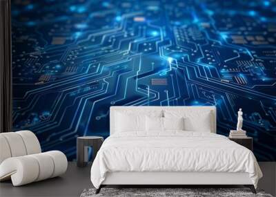 Blue tech background with AI processor chip on circuit board. Wall mural