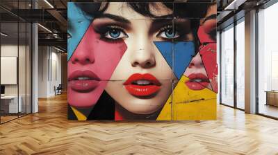 Bold and Colorful Collage:  Women's Faces with Bold Makeup and Geometric Shapes Wall mural