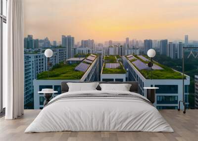 Cityscape green roofs and solar panels, eco-solutions, soft dawn light, wide angle, architectural harmony modern luxury feature smart technology elements, innovative design construction digital art Wall mural