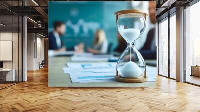 Close-up of hourglass on the table with business people meeting in corporate office on background business charts documents time management concept Wall mural