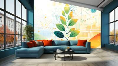 Conceptual illustration of tech plant growth Representing the fusion of nature and technology in promoting sustainable innovation white Wall mural