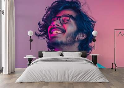 confident Laughing expression natural face smile side away looking background isolated glasses wearing man hispanic Adult young boy indian male portrait excited yes success happy joy fashion cool Wall mural