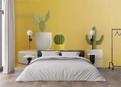 Creative template for advertising pics with summer nature stylethe blank pedestal of stone feature on light yellow tablebeside decorating fresh cactus and smaller pedestalover yellow texture Wall mural