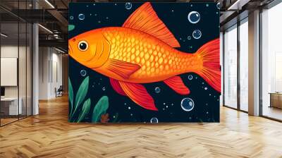 Cute Orange Fish Swimming in the Ocean with Bubbles, Nature Illustration, Digital Art, Underwater World Wall mural