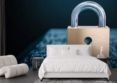 Digital padlock for computing system on dark blue background, cyber security technology for fraud prevention and privacy data network protection concept creative copy space concept Wall mural